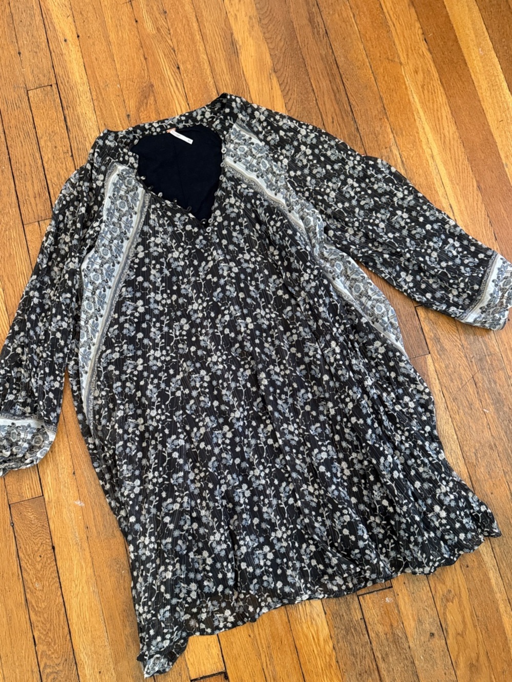 Free People Black Floral Boho Tunic Dress or Top with Cream Accents